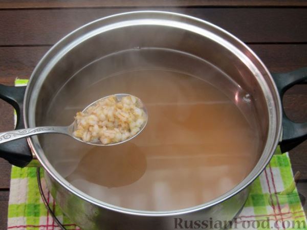 Суп с перловкой, мясными фрикадельками и солёными огурцами